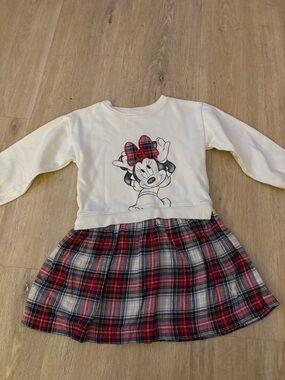 Girls White Minnie Mouse Sweatshirt Dress with Red Plaid Skirt